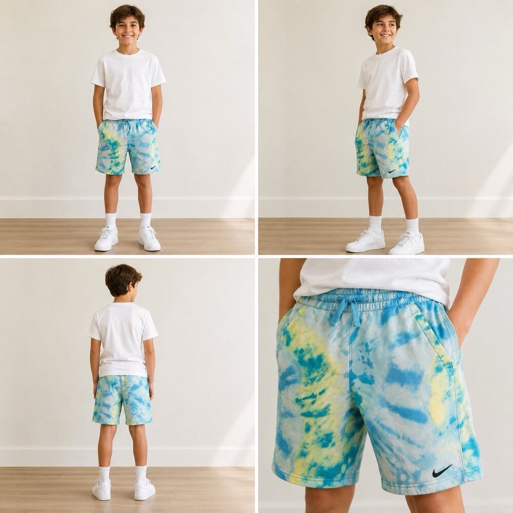 Nike Youth L Blue Yellow Tie Dye Fleece Shorts Swoosh Drawstring